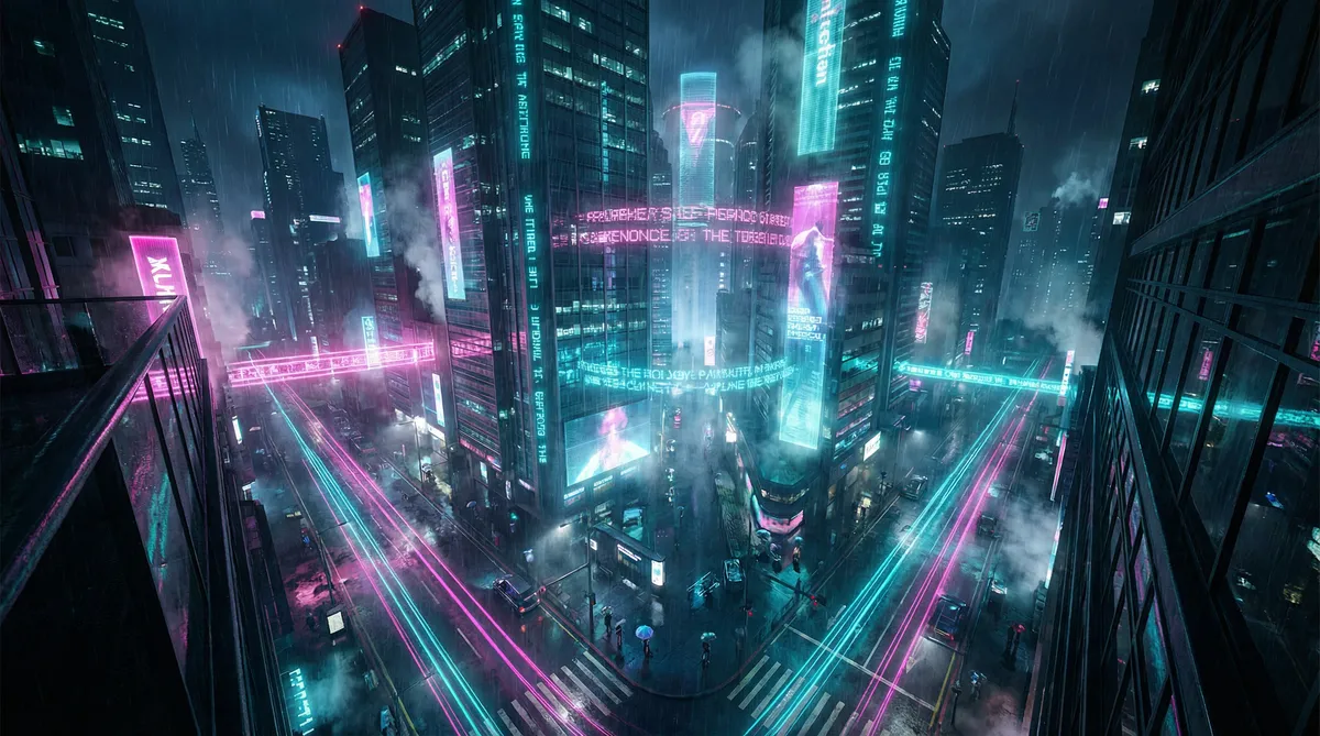 777米奇影视 竖屏短剧平台首页背景 - 赛博朋克都市夜景